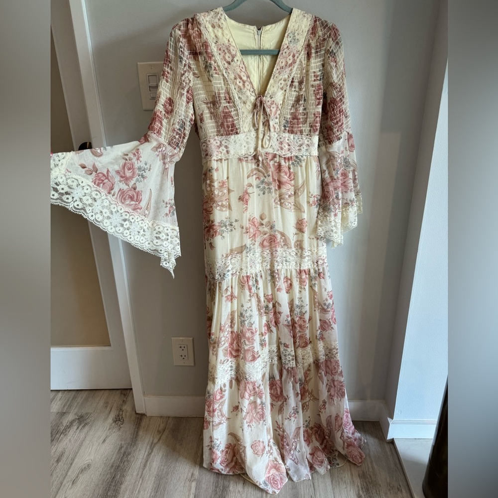 Vintage Cream Pink Floral Empire Waist Bobo Flare Lace Sleeve Tiered Maxi Dress